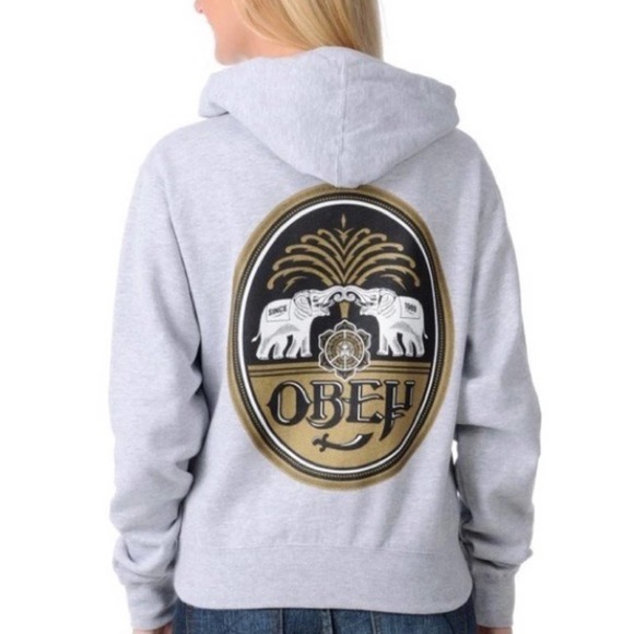 Obey Tops - Obey Top Sweatshirt Hoodie Graphic Elephants Gray Gold Black White Size XL